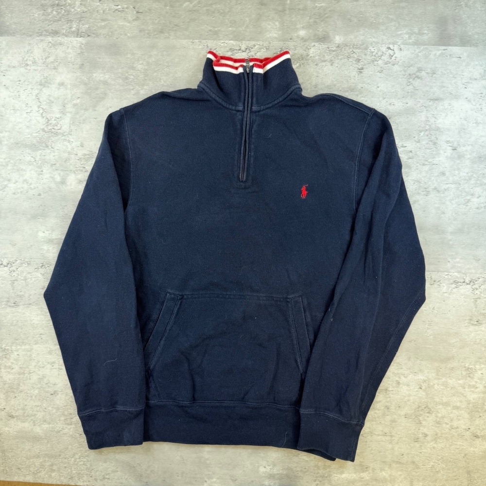 Polo Ralph Lauren Mens‎ Quarter Zip Sweatshirt Navy Blue Striped Collar Size S